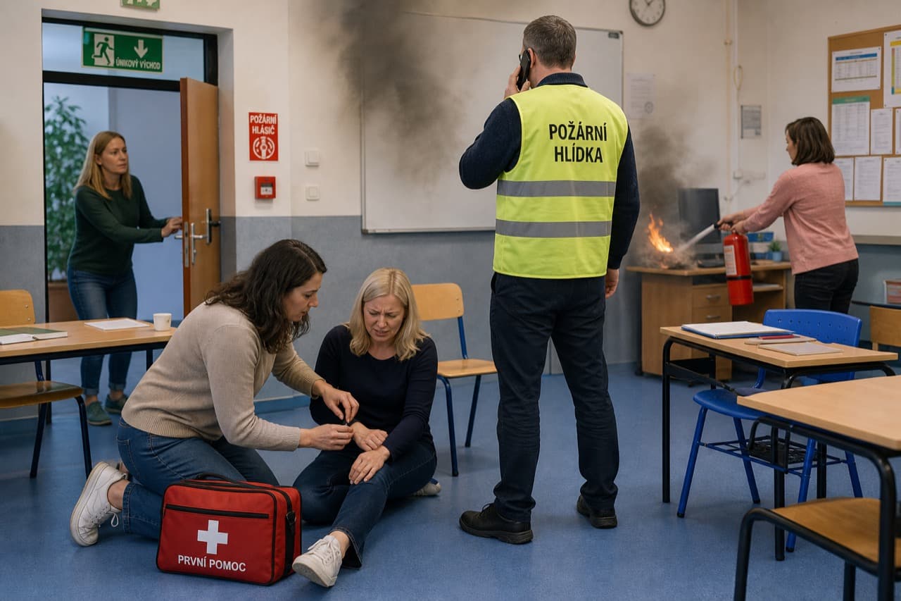 Kreslená ilustrace zaměstnanců a bezpečnostního školení