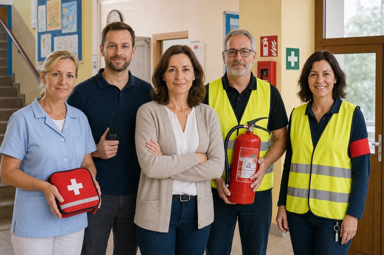 Kreslená ilustrace zaměstnanců a bezpečnostního školení